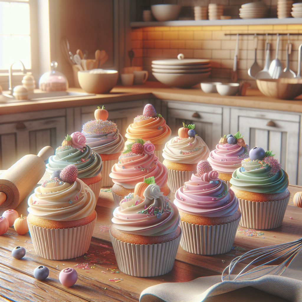 Realistic stock image of handcrafted cupcakes in kitchen